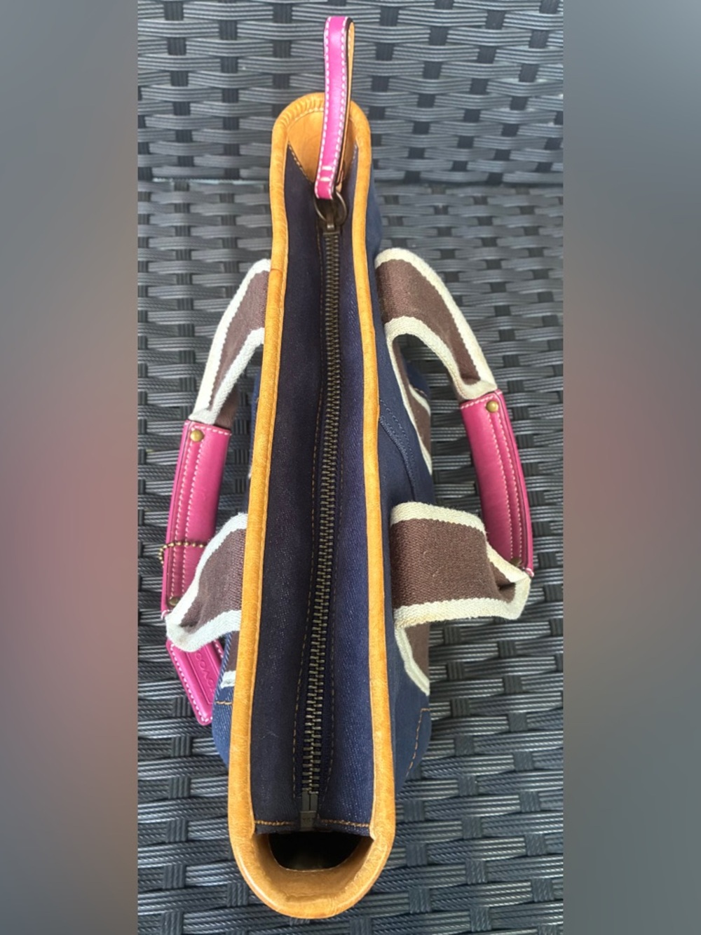 Coach Navy Denim Tote with Brown Straps and Pink Trim - Picture 12 of 16